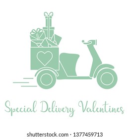 Delivery motorbike. Special delivery valentines. Happy Valentine's Day. Romantic background.