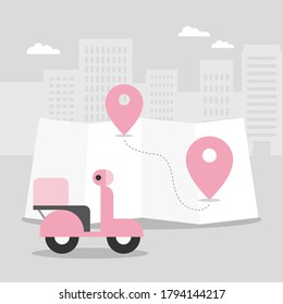 Delivery motorcycle and map flat vector illustration.