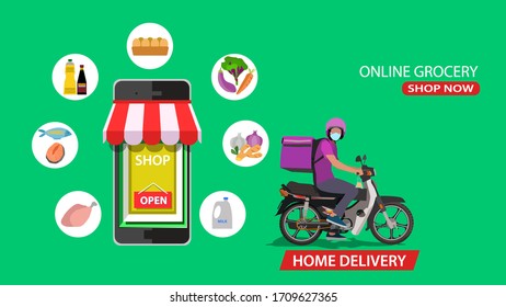 Delivery motorcycle rider for business grocery shop transport during lockdown Covid-19. Malaysian style motor rider.