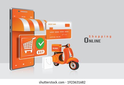 A delivery motorcycle or scooter is parked in front of a smartphone shop, an order confirmation icon, and a credit card for delivery and online shopping concept design,vector 3d for advertising design