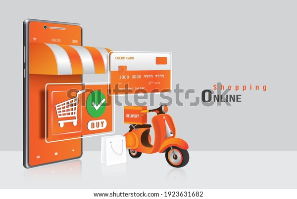 A delivery motorcycle or scooter is parked in\
front of a smartphone shop, an order confirmation icon, and a\
credit card for delivery and online shopping concept design,vector\
3d for advertising design