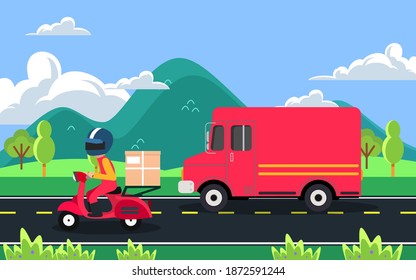 delivery motorcycle and truck derivery on the road with landscape of mountain backgrond