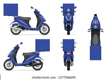 Delivery motorcycle vector mockup for vehicle branding, advertising, corporate identity. Isolated template of realistic blue scooter on white background. All elements in the groups on separate layers