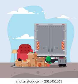 Entrega sacando cajas, silla y camión en la ciudad