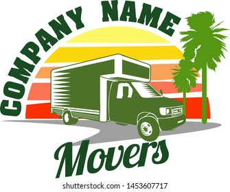 Delivery Moving Truck Vector Logo Template Design With Palm Trees and Sunset 