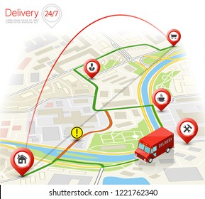 Delivery navigation route, City map point marker isometric delivery van, schema itinerary delivery car, city plan GPS navigation itinerary destination arrow city map Route check point business graphic