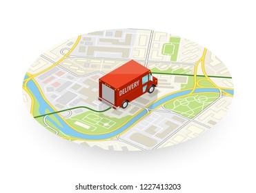 Delivery navigation route, City map point marker isometric delivery van, schema itinerary delivery car, city plan GPS navigation itinerary destination arrow city map Route check point business graphic