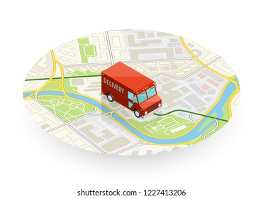 Delivery navigation route, City map point marker isometric delivery van, schema itinerary delivery car, city plan GPS navigation itinerary destination arrow city map Route check point business graphic