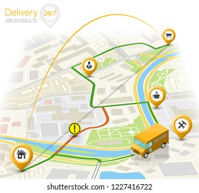 Delivery navigation route, City map point marker isometric delivery van, schema itinerary delivery car, city plan GPS navigation itinerary destination arrow city map Route check point business graphic