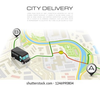 Delivery navigation route, City map point marker isometric delivery van, schema itinerary delivery car, city plan GPS navigation itinerary destination arrow city map Route check point business graphic