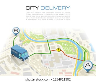 Delivery navigation route, City map point marker isometric delivery van, schema itinerary delivery car, city plan GPS navigation itinerary destination arrow city map Route check point business graphic