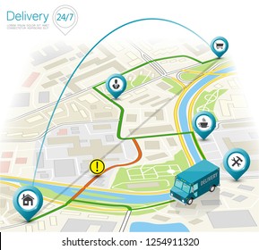 Delivery navigation route, City map point marker isometric delivery van, schema itinerary delivery car, city plan GPS navigation itinerary destination arrow city map Route check point business graphic