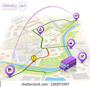 Delivery navigation route, City map point marker isometric delivery van, schema itinerary delivery car, city plan GPS navigation itinerary destination arrow city map Route check point business graphic