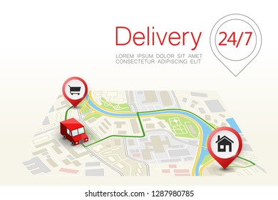 Delivery navigation route, City map point marker isometric delivery van, schema itinerary delivery car, city plan GPS navigation itinerary destination arrow city map Route check point business graphic