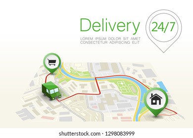Delivery navigation route, City map point marker isometric delivery van, schema itinerary delivery car, city plan GPS navigation itinerary destination arrow city map Route check point business graphic