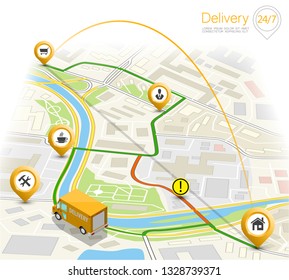Delivery navigation route, City map point marker isometric delivery van, schema itinerary delivery car, city plan GPS navigation itinerary destination arrow city map Route check point business graphic