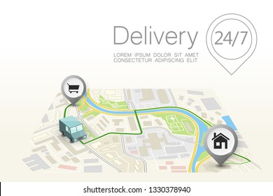 Delivery navigation route, City map point marker isometric delivery van, schema itinerary delivery car, city plan GPS navigation itinerary destination arrow city map Route check point business graphic