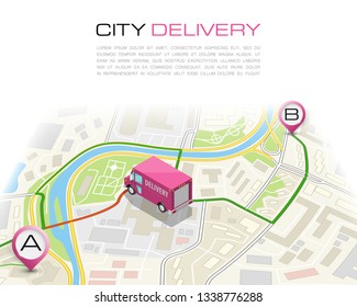 Delivery navigation route, City map point marker isometric delivery van, schema itinerary delivery car, city plan GPS navigation itinerary destination arrow city map Route check point business graphic