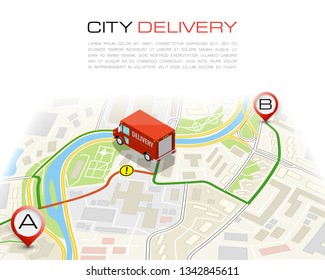 Delivery navigation route, City map point marker isometric delivery van, schema itinerary delivery car, city plan GPS navigation itinerary destination arrow city map Route check point business graphic