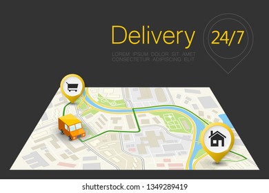 Delivery navigation route, City map point marker isometric delivery van, schema itinerary delivery car, city plan GPS navigation itinerary destination arrow city map Route check point business graphic