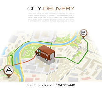 Delivery navigation route, City map point marker isometric delivery van, schema itinerary delivery car, city plan GPS navigation itinerary destination arrow city map Route check point business graphic