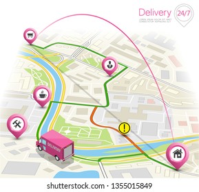 Delivery navigation route, City map point marker isometric delivery van, schema itinerary delivery car, city plan GPS navigation itinerary destination arrow city map Route check point business graphic