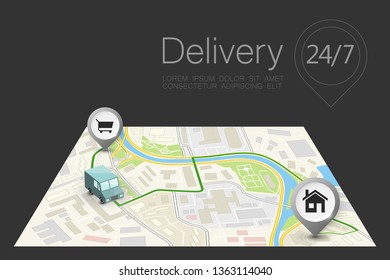 Delivery navigation route, City map point marker isometric delivery van, schema itinerary delivery car, city plan GPS navigation itinerary destination arrow city map Route check point business graphic