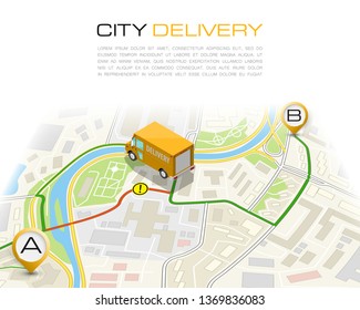 Delivery Navigation Route, City Map Point Marker Isometric Delivery Van, Schema Itinerary Delivery Car, City Plan GPS Navigation Itinerary Destination Arrow City Map Route Check Point Business Graphic