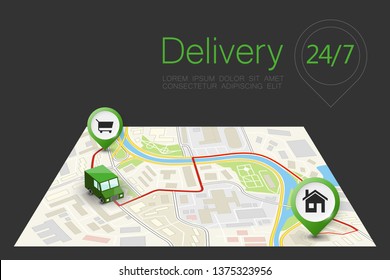 Delivery navigation route, City map point marker isometric delivery van, schema itinerary delivery car, city plan GPS navigation itinerary destination arrow city map Route check point business graphic