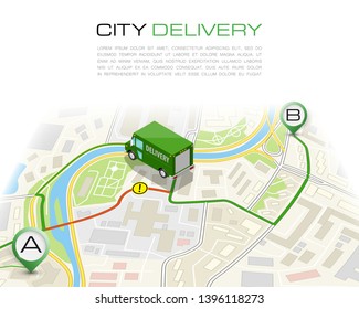 Delivery Navigation Route, City Map Point Marker Isometric Delivery Van, Schema Itinerary Delivery Car, City Plan GPS Navigation Itinerary Destination Arrow City Map Route Check Point Business Graphic