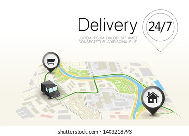 Delivery navigation route, City map point marker isometric delivery van, schema itinerary delivery car, city plan GPS navigation itinerary destination arrow city map Route check point business graphic
