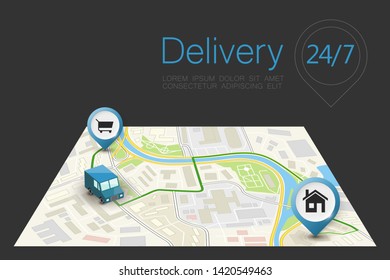 Delivery navigation route, City map point marker isometric delivery van, schema itinerary delivery car, city plan GPS navigation itinerary destination arrow city map Route check point business graphic