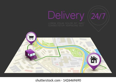 Delivery navigation route, City map point marker isometric delivery van, schema itinerary delivery car, city plan GPS navigation itinerary destination arrow city map Route check point business graphic