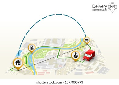Delivery navigation route, City map point marker isometric delivery van, schema itinerary delivery car, city plan GPS navigation itinerary destination arrow city map Route check point business graphic