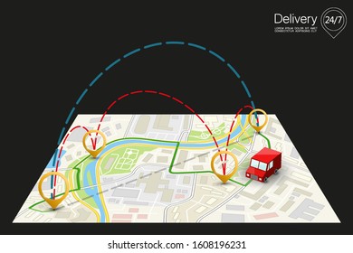Ruta de navegación de entrega, City map point marker isometric delivery van, schema itinerary delivery car, city Plan Itinerario de navegación GPS destino flecha mapa de la ciudad Punto de control de ruta gráfico de negocios