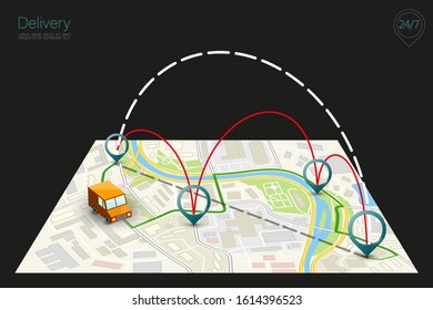 Delivery Navigation Route, City Map Point Marker Isometric Delivery Van, Schema Itinerary Delivery Car, City Plan GPS Navigation Itinerary Destination Arrow City Map Route Check Point Business Graphic