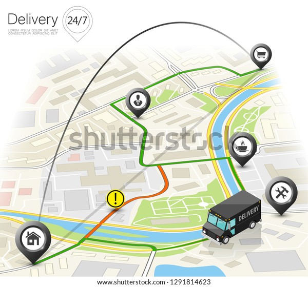 Delivery navigation route, City map point marker\
isometric delivery van, schema itinerary delivery car, city plan\
GPS navigation itinerary destination arrow city map Route check\
point business\
graphic
