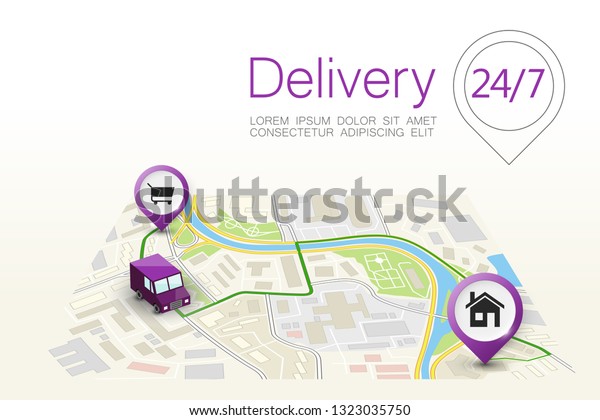 Delivery navigation route, City map point marker
isometric delivery van, schema itinerary delivery car, city plan
GPS navigation itinerary destination arrow city map Route check
point business
graphic