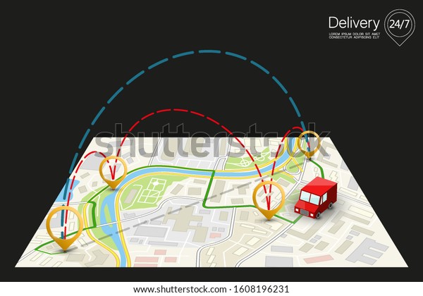 Delivery navigation route, City map point marker\
isometric delivery van, schema itinerary delivery car, city plan\
GPS navigation itinerary destination arrow city map Route check\
point business\
graphic