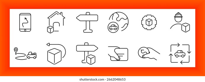 Icono de conjunto de entrega y navegación. Mapa de teléfono inteligente, casa, señal de tráfico, globo con coche, engranaje, trabajador con caja, ubicación, ruta del camión, flecha con caja, tarjeta de pago, mano de moneda, rotación de coche.