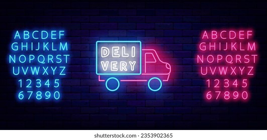 Delivery neon signboard. Express supply. Truck icon. Glowing advertising. Catering service. Glowing pink and blue alphabet. Cafe and restaurant menu transportation. Vector stock illustration