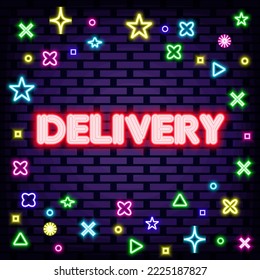 Delivery Neon signboards. Bright signboard. Night advensing. Design element. Vector Illustration