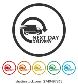 Delivery next day icon. Set icons in color circle buttons