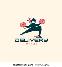 Delivery ninja man courier lifting package logo design vector template. Express delivery service concept.