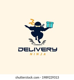 Delivery ninja man courier lifting package logo design vector template. Express delivery service concept.