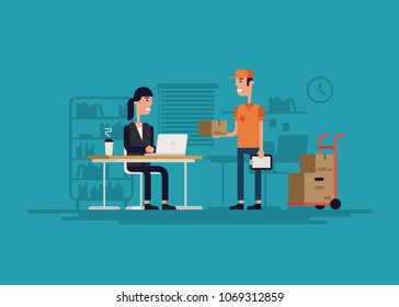 Delivery to office flat vector illustration. Business woman gets her delivery at her work place by delivery worker.