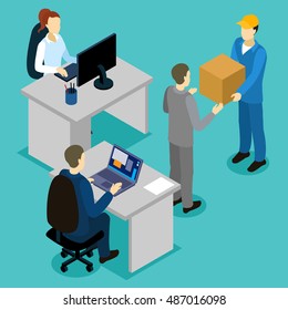 Delivery in office isometric composition with reception and transfer cardboard box on blue background vector illustration