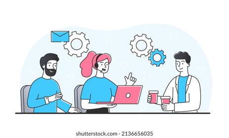 Delivery to office. Men and women in call center. Characters with laptop, modern technology concept. Office and team work, communication with clients and feedback. Cartoon flat vector illustration