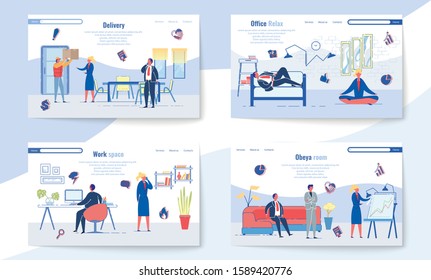 Delivery, Office Relax, Work Space And Obeya Room. Set Illustrations About Work Office. Daily Events Life Company Employee. Internet Pages About Arranging Room For Rest, Accepting Mail And Work.