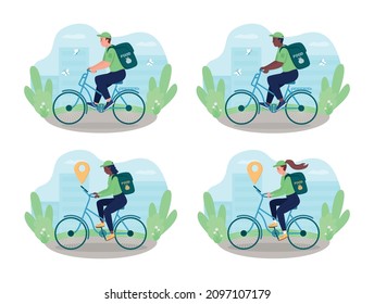 Entrega en bicicleta 2D vector conjunto de ilustración aislado. Guardianes en bicicletas personajes planos sobre el fondo de las caricaturas. Colección de escenas coloridas de envío y transporte amigable con el medio ambiente